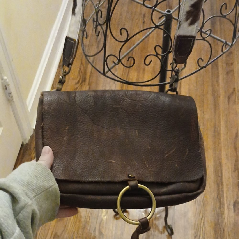 Brown Suede Crossbody Bag with Metal Ring Closure